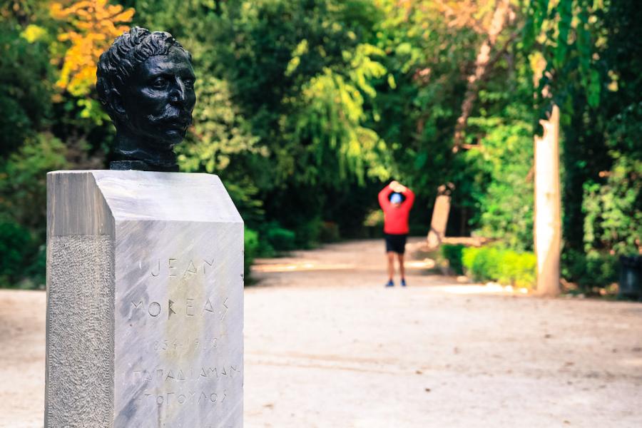 Jean Moreas bust inside the National Gardens. Jean Moréas was born Ioannis A. Papadiamantopoulos and was a Greek poet, essayist, and art critic, who wrote mostly in the French language but also in Greek during his youth. - by adampao 